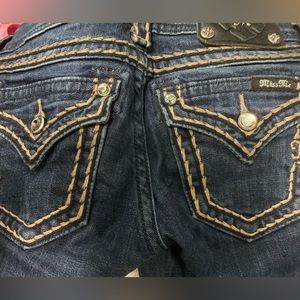 Miss Me straight leg dark denim jeans with light brown stitching